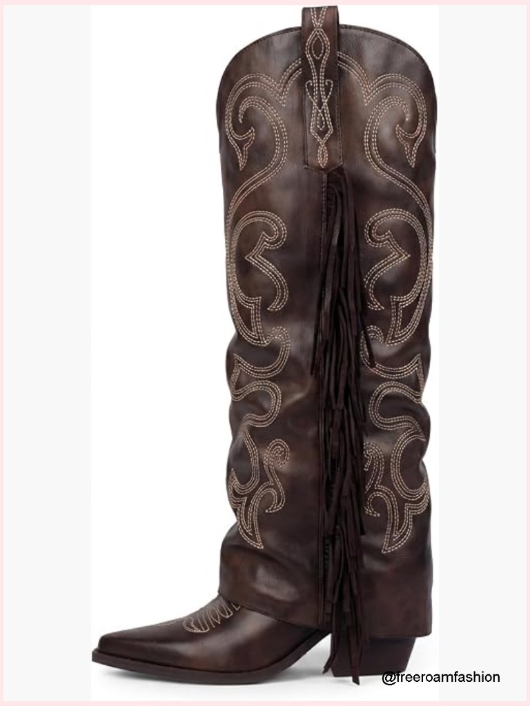 Knee High Cowboy Boots Western Fringe Chunky Heel Pointed Toe Fold Over